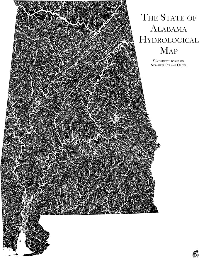 Muir Way Hydrological River Map of Alabama - Watershed Topographic Wall Art for Home, Office, or Travel Decor - Unframed Flat Paper Print, 18x24