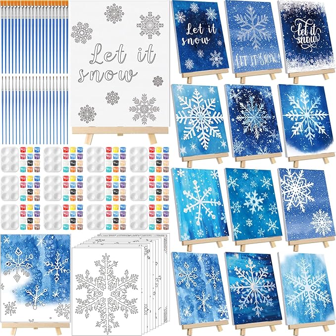 Zhanmai 12 Pack Pre Drawn Canvas for Painting Sip and Paint Kit 8" x 10" Paint Party Set Canvas Painting Pre Printed Canvases for Party Favor DIY Virtual Adult's Date Night(Winter Snowflake)