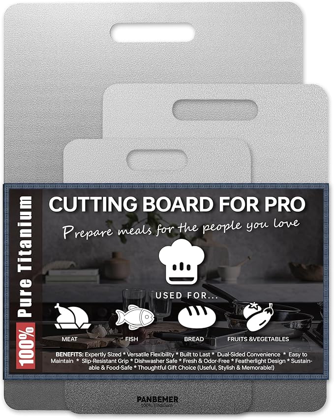 Titanium Cutting Boards for Kitchen, Set of 3 Food Grade 100% Pure Titanium Double-Sided Chopping Boards, Non-Toxic, Dishwasher Safe, Easy to Clean – 10", 12", 16"
