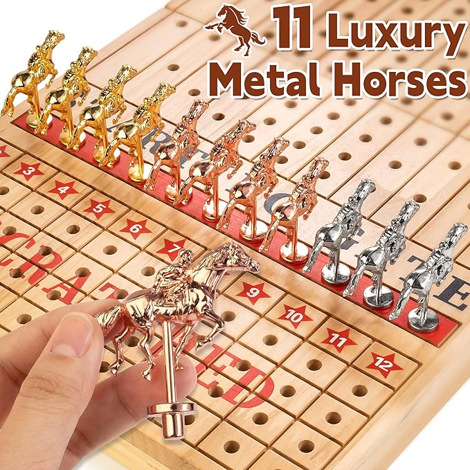 Bravmate Large 21 Inches Horse Race Board Game, Solid Wood Foldable Horse Racing Game with 11 Luxury Metal Horses, 2 Wooden Dice, 2 Boxes of Cards, 80 Chips for Parties
