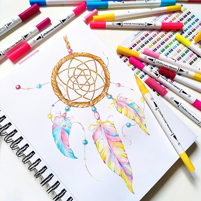 Ohuhu Markers for Adult Coloring Books No Bleeding 60 Colors Coloring Markers Water-based Dual Tips Fineliner & Brush Drawing Pens Art Pens for Kids Adults Sketch Journal - Maui - White