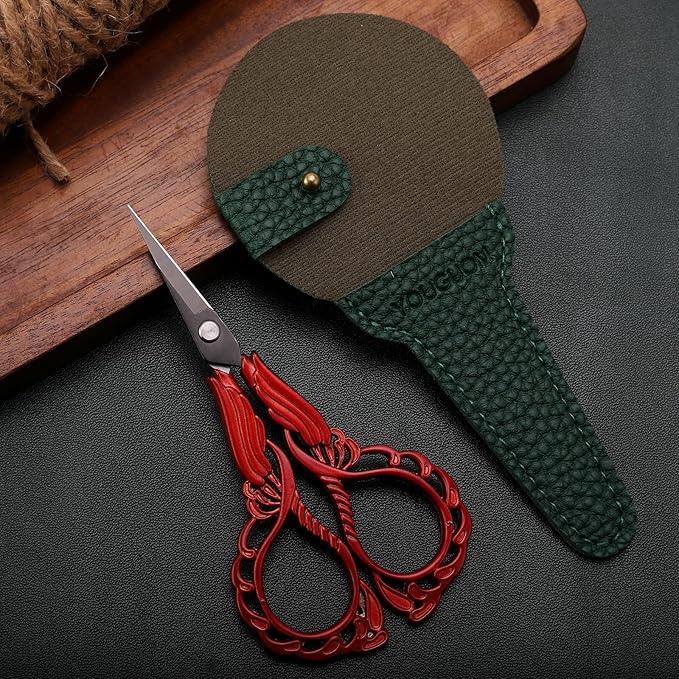 Small Embroidery Scissors Sewing Crafting Scissor Sharp Tip Shears for Needlework Threading Craft Artwork DIY Tools, 4.3in Vintage Red Scissors W/Sheath