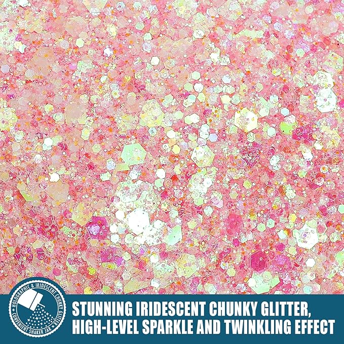 Iridescent Chunky Glitter 5.64oz/160g, Ultra Fine Glitter Powder Mixed Chunky PET Flakes Sequins for Resin Epoxy Craft Arts, Tumbler, Cosmetic Glitter for Body Nail Hair Eye Party Festival (Baby Pink)