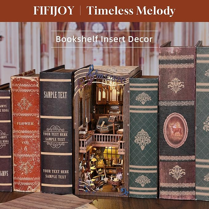 Book Nook Kit Music, DIY Miniature House Kit Book Nook, 3D Wooden Puzzle Bookshelf Insert Diorama Kit with Led Light for Teens and Adults (Timeless Melody)
