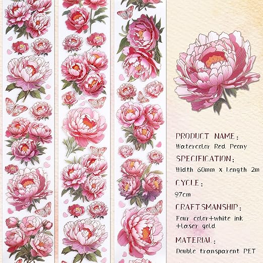 PET Tapes - Pink Flower Scrapbook Supplies, Transparent Floral Tapes for Junk Journal Planner