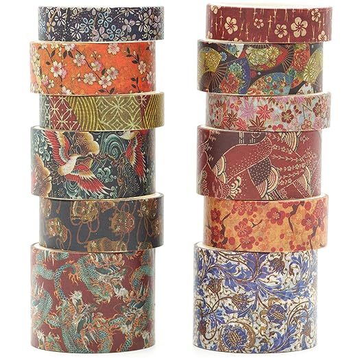 12 Rolls Kyoto Charm Washi Tape Set Japanese Arts Adhesive Tapes Geometric Garden Decorative Masking Tape Sets for Craft, Kids, Scrapbook, DIY, Gift Wrapping (Floral Bird)