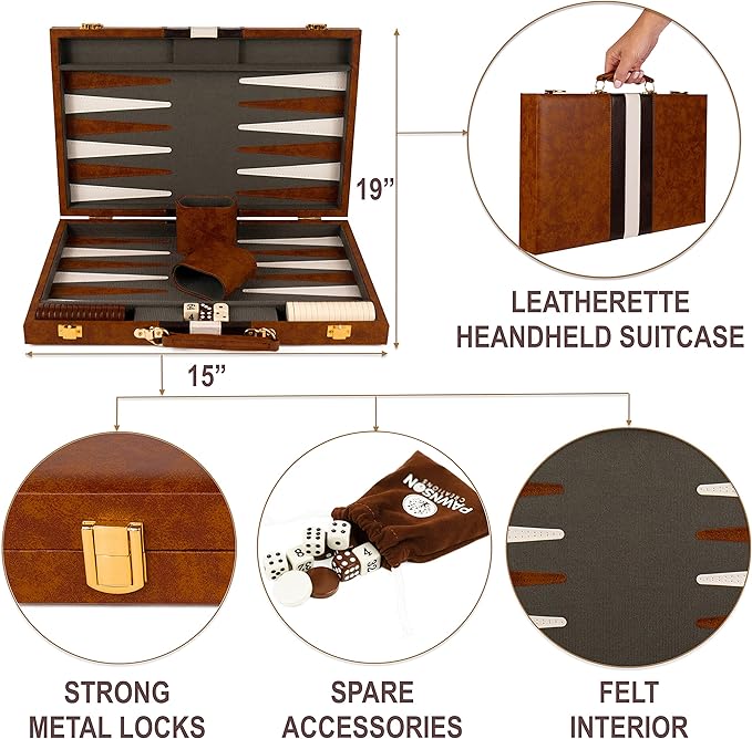 Backgammon Set - 15 Inch Classic Backgammon Board Game Sets Handheld - Backgammon Sets for Adults and Kids - Brown Faux Leather Case - Instruction