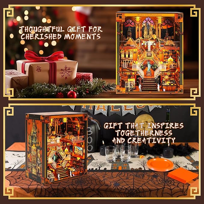 Book Nook Kits for Adults – The World Library Booknook – 3D Wooden Puzzle with LED Lights – Creative Bookshelf Insert & Educational Gift for Book Lovers & DIY Enthusiasts