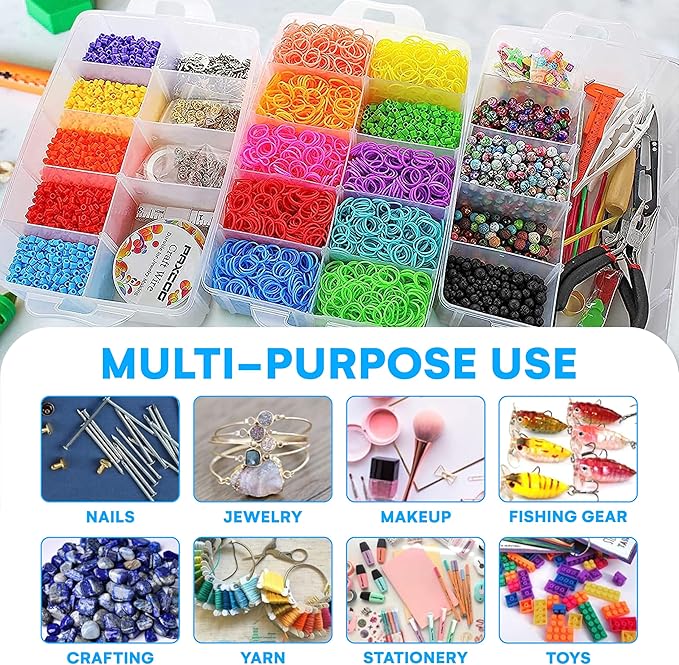 Bins & Things Clear 4-Tier Stackable Storage Containers with lids - 40 Adjustable Compartments for Craft Organizers - Storage box for Jewelry, beads, kids toys, makeup box and sewing supplies