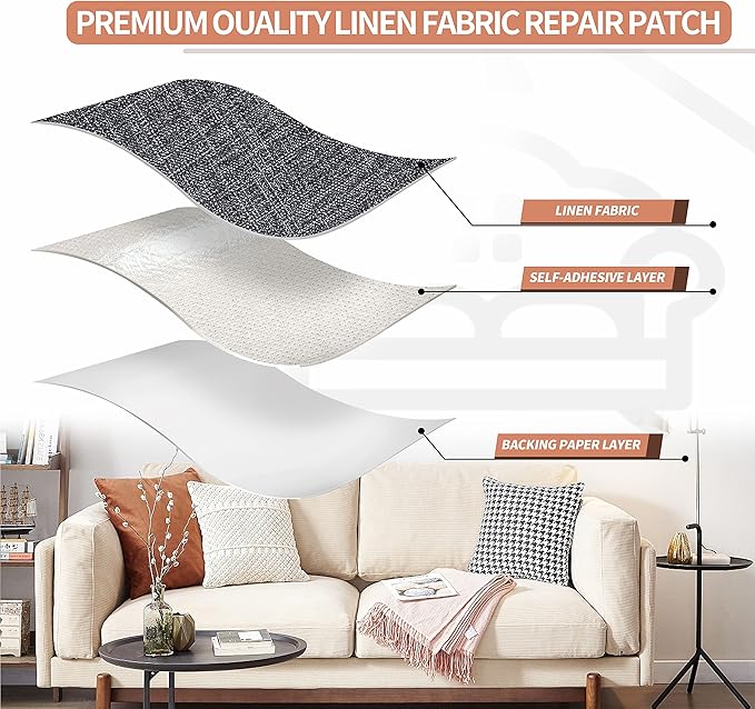 KING MOUNTAIN Fine Linen Fabric Patches, Self-Adhesive, 12x40 inch, Multi Color, For Linen Sofa and Clothes Repair (Dark Grey 3.0)