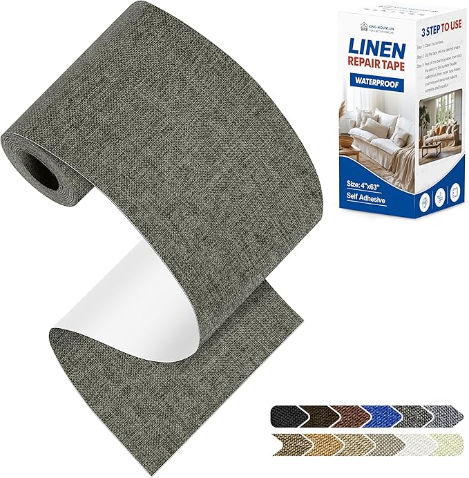 KING MOUNTAIN Linen Repair Patches, Self-Adhesive Linen Fabric Patches, 4 X 63 inch Extra Size, Multi Color, Can be Used for Linen Sofa Repair and Linen Clothes Repair (Dark Grey 1.0)