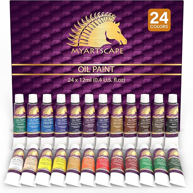 MyArtscape Oil Paint Set - 12ml x 24 Tubes - Lightfast - Heavy Body - Oil-based Colors - Great Pigment Load - Artist Quality Painting Supplies - Professional Craft Paints