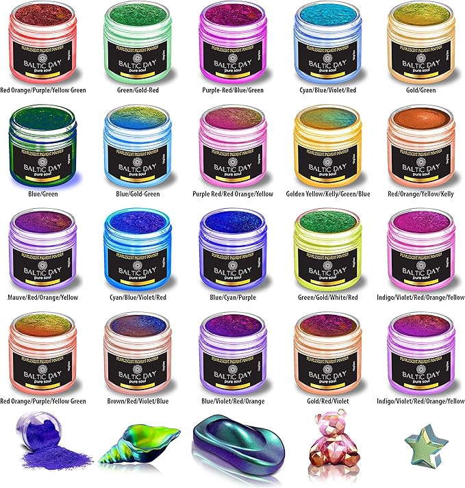BALTIC DAY - Chameleon Mica Powder, 20 x 5g Jars of Color Shift Mica Powder Set - Epoxy Resin Color Pigment - Chameleon Powder - Holographic Mica Powder for Resin