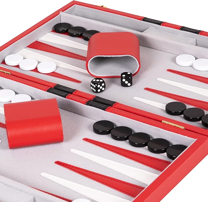 Backgammon Sets for Adults with Premium Leather Case | Classic Travel Backgammon Set for Adults and Kids with Strategy & Guide | 11 Inches | Small | Red