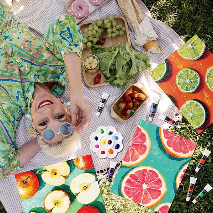 Cholemy 36 Pcs Paint and Sip Kit for Adults 8''x10'' Pre Drawn Canvas for Painting DIY Afro Acrylic Painting Kit Wood Easel Brushes Date Night Bulk for Christmas Party Gifts(Colorful Fruits)