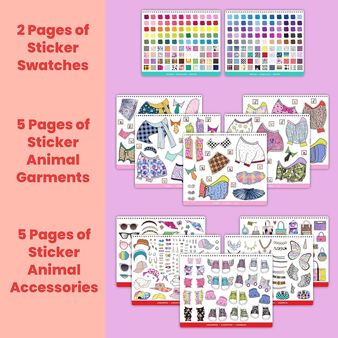 Fashion Angels Pet Fashion Sticker Stylist - 30 Style Sheets for Kids Coloring - Name, Accessorize, and Design Unique Outfits for Your Favorite Animals - Road Trip Essentials - Ages 6 and Up