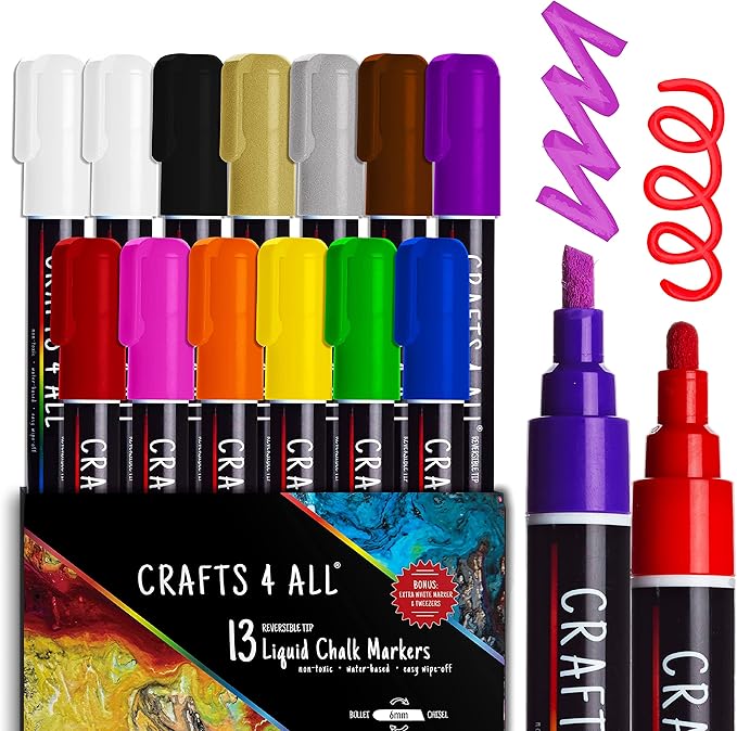 Crafts 4 All Liquid Chalk Markers For Blackboard Signs, Bistro Menu, Car Window Glass - Dry Erase, Washable - 13 Colored Chalk Pens w/Reversible Tips & Tweezers - Bonus White Chalkboard Marker!