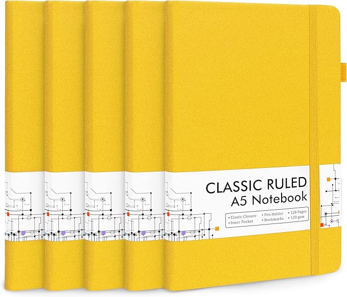 feela 5 Pack Journal Notebook Bulk for School, Hardcover Business Notebooks Classic Ruled Lined Journals with Pen Holder for Work Note Taking, with 5 Black Pens, 120 GSM, 5.1”x8.3”, A5, Yellow