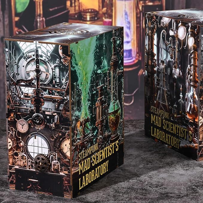 Book Nook Kit, Steampunk DIY Booknook Kits for Adults and Teens, 3D Wooden Puzzle Bookend Miniature Dollhouse Kit Creative Bookshelf Insert Decor with LED Light (Mad Scientist's Lab)