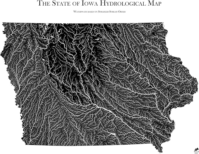 Muir Way Hydrological River Map of Iowa - Watershed Topographic Wall Art for Home, Office, or Travel Decor - Unframed Flat Paper Print, 24x30
