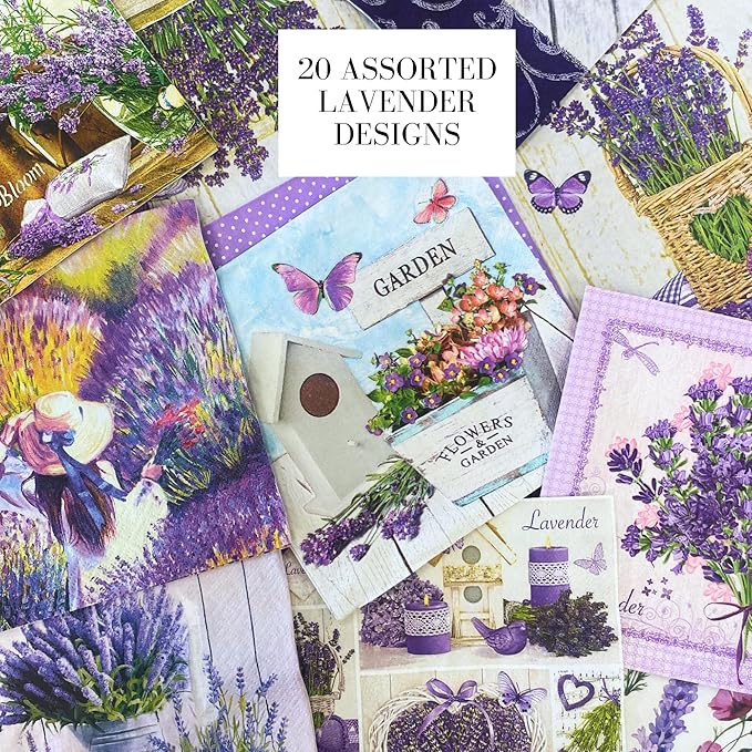 Mystery Pack Decoupage Paper Napkins, 20-ct Assorted Surprise Napkins, Decorative Napkins Lavender for Art Craft Junk Journal, 20 Different Designs
