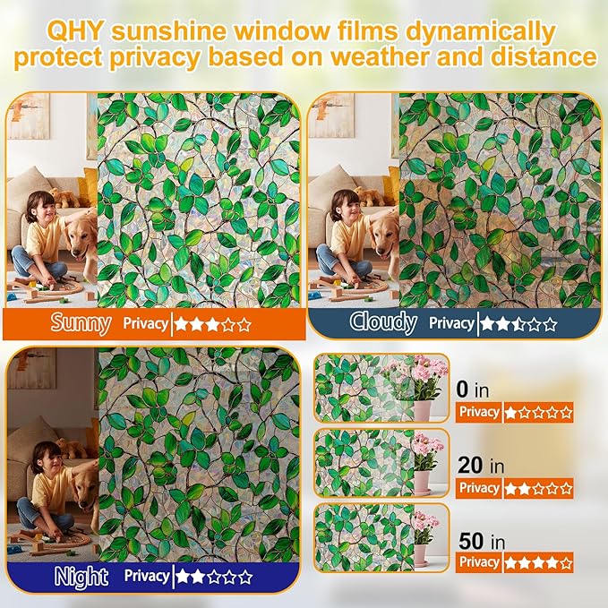 Stained Glass Window Privacy Film Decorative Rainbow Static Clings – Ideal for Home & Office, Adhesive-Free, Removable, UV-Blocking (Green Rainbow, 35.4 X 78.7 in)