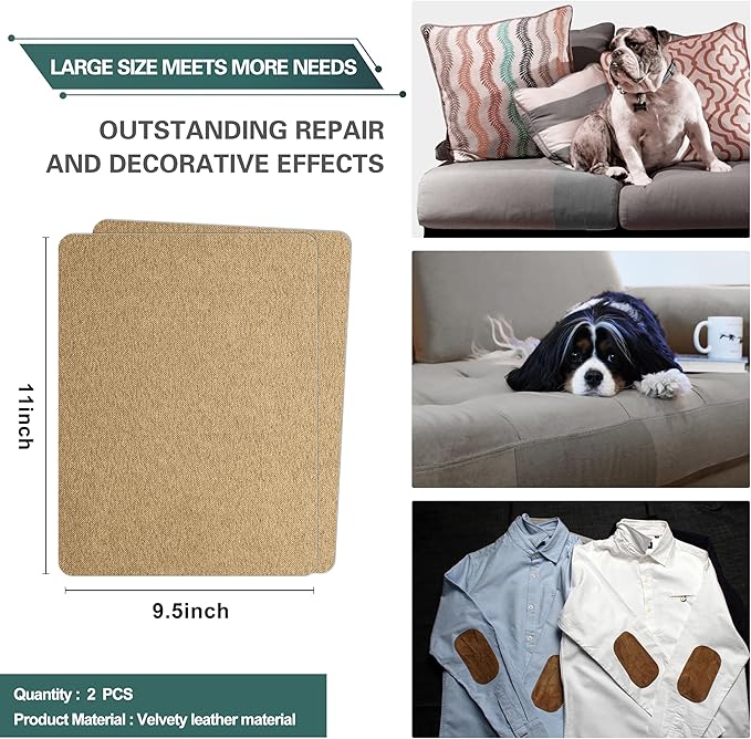 Azobur Couch Patch Repair Fabric,Microfiber Fabric, Self-Adhesive, for Sofa Repair and Upholstery, 2 Pieces, 9.5 x 11 inches (Light Brown)