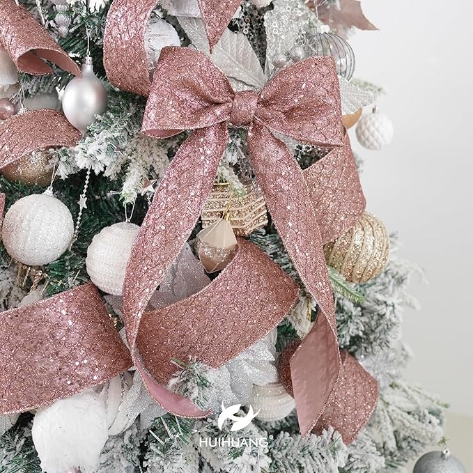 HUIHUANG Rose Gold Glitter Wired Ribbon for Christmas Tree 2.5 inch Rose Gold Diamond Mesh Ribbon for Tree Decoration, Wreaths, Garland, Gift Wrapping, Bows Making, Home Decor -10 Yards