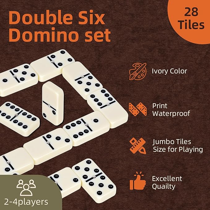 Smilejoy Dominos Set for Adults -Jumbo Size Dominoes Double Six Edition- Classic Board Games- Thick Size Double 6 Domino Set with Deluxe Brown Wood Box, 28 Tiles (2-4 Players)