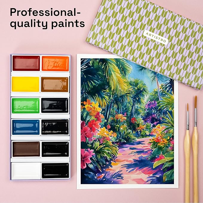 ARTISTRO Professional Watercolor Paint Set for Adults - 12 Pigment-Rich Colors, XL Pans, ASTM-I Lightfastness, High Tinting Strength Watercolor Set for Professionals made by professionals