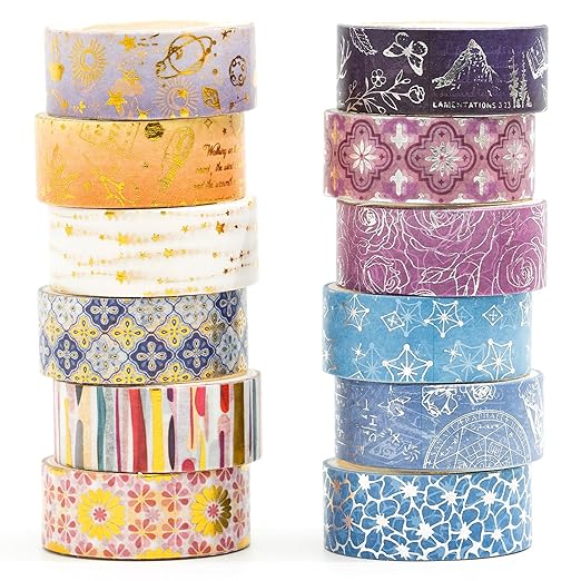 12 Rolls Charming Washi Tape Set Gold Silver Foil Detailing Arts Adhesive Tapes Basic Patterns Decorative Masking Tape Sets for Craft, Kids, Scrapbook, DIY, Gift Wrapping (Royal Splendor)