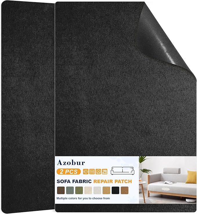Azobur Couch Patch Repair Fabric,Microfiber Fabric, Self-Adhesive, for Sofa Repair and Upholstery, 2 Pieces, 9.5 x 11 inches (Black)