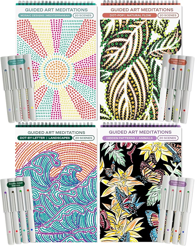 Lifelines FlowArt Activity Pad, 4-Pack - Guided Art Meditations with Markers - Color by Number/Letter, Dot Art and More Coloring Books for Teens, Adults & Seniors