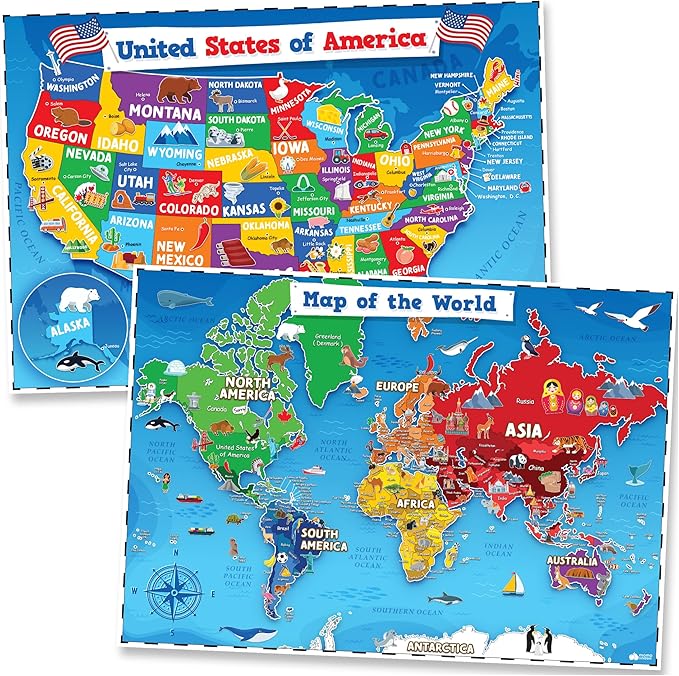 World Map Poster & Map of the United States For Kids - 2pc Set - 24” x 16” USA & World Map For Kids Waterproof Classroom Posters Must Haves - Classroom Decor Educational Posters For Toddlers 1-3