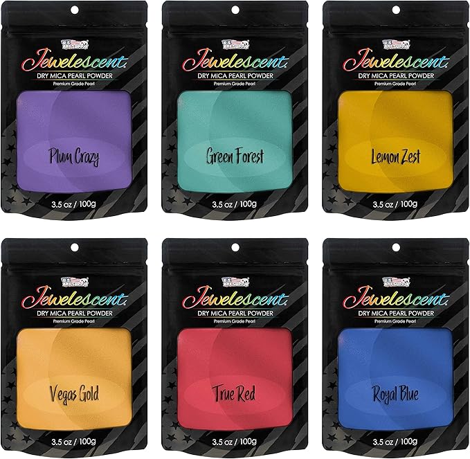 U.S. Art Supply Jewelescent Mica Pearl Pigment Powder Kit, 6 Basic Colors, 3.5 oz (100g) Pouches - Cosmetic Grade, Epoxy Resin Color Pigment, Mica Powder for Resin, Soap, Slime, Candle Dye, Art