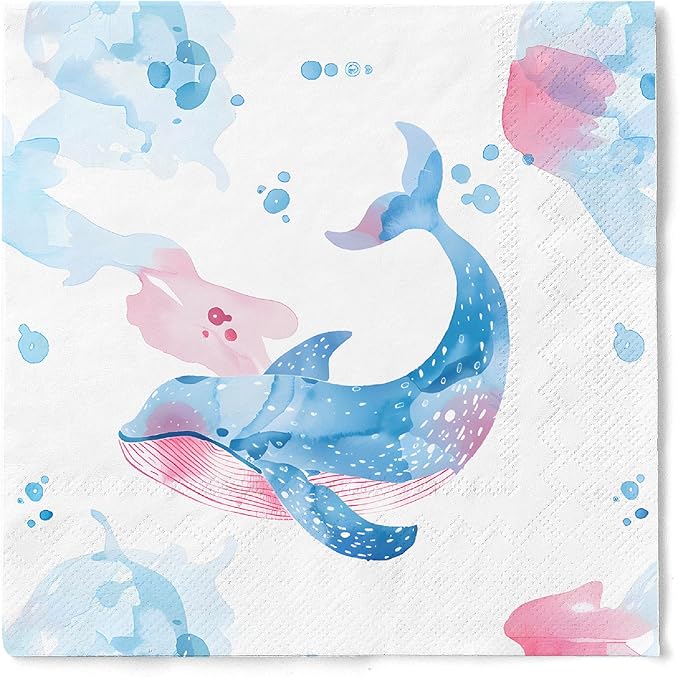 80 pcs Premium Designer Cocktail Beverage Napkins, 3-Ply 5 x 5-inches Disposable Napkin, Aqua Amore Dreams of Whale