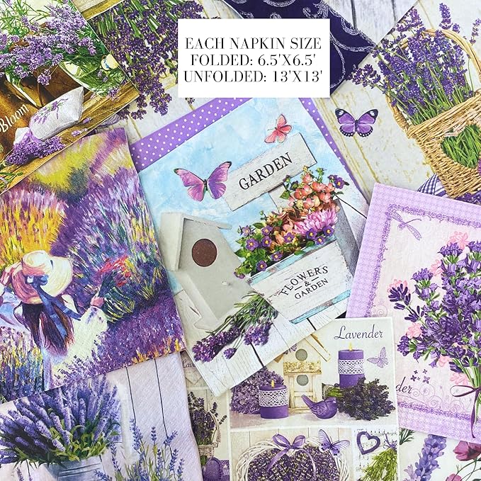 Mystery Pack Decoupage Paper Napkins, 20-ct Assorted Surprise Napkins, Decorative Napkins Lavender for Art Craft Junk Journal, 20 Different Designs