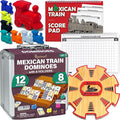 Queensell Dominoes Double 12 with 8 Holders + Wooden Hub + Score Pad + Metal Trains