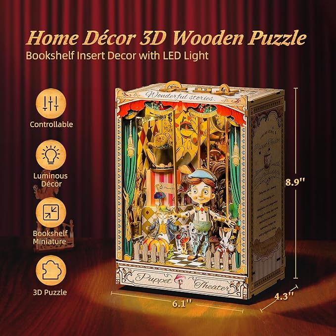 LED 3D Wood Puzzle Puppet Theater Book Nook Kit - Interactive Miniature DIY Bookshelf Insert with Movable Puppets - Creative Fantasy Scene Home Decor Gift(Puppet Theater)