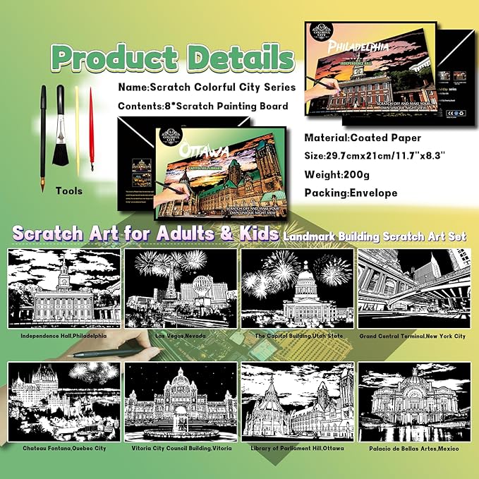 Scratch Art Painting Kit for Adults-8 Sheets A4 Rainbow Scratch Painting Paper Craft Set with City Landmarks|Stress Relief Gift for Travel&Craft Lovers|Scratch Art Home Decor(American Series)