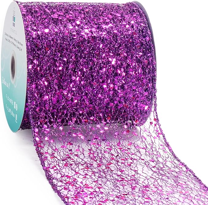 CT CRAFT LLC Sparkling Glitter Mesh Wired Ribbon 4" x 10 Yards Purple for Christmas Home Decor Bow Gift Wrapping DIY Crafts Wreath