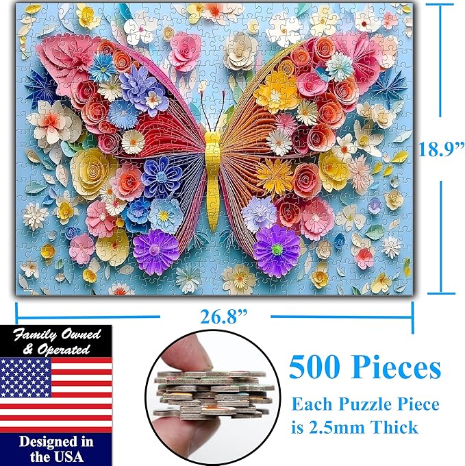 Think2Master Colorful Vibrant Flower Butterfly 500 Pieces Large Format Jigsaw Puzzle: Kids 12+, Teens, Adults & Families. Paper Art High Resolution. Great Gift. Size: 26.8” X 18.9”