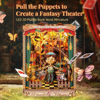 LED 3D Wood Puzzle Puppet Theater Book Nook Kit - Interactive Miniature DIY Bookshelf Insert with Movable Puppets - Creative Fantasy Scene Home Decor Gift(Puppet Theater)