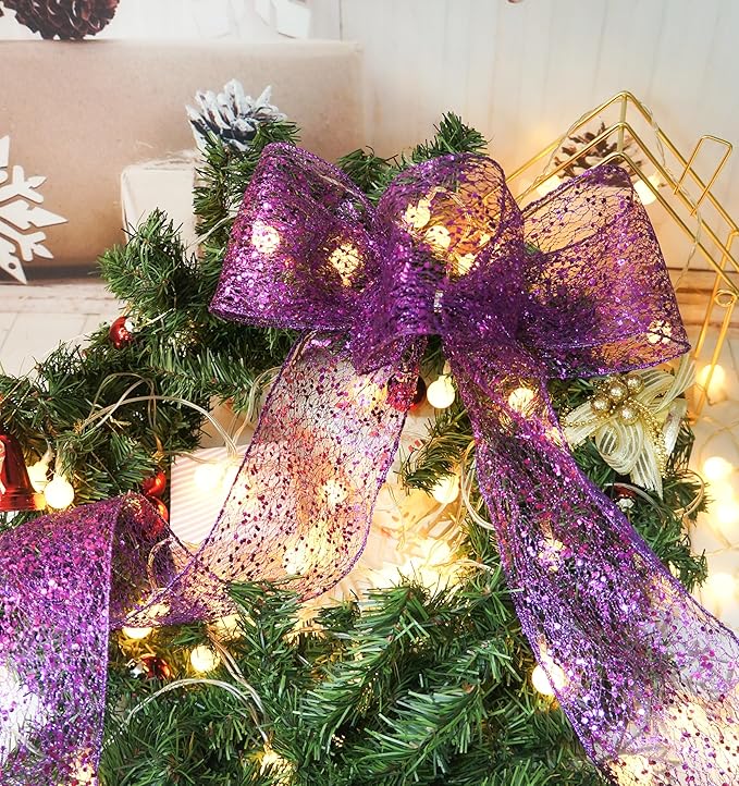 CT CRAFT LLC Sparkling Glitter Mesh Wired Ribbon 4" x 10 Yards Purple for Christmas Home Decor Bow Gift Wrapping DIY Crafts Wreath