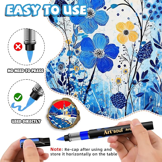 Art+soul Acrylic Paint Markers, 12 Colors - Soft Brush Tip & Automatic Ink Control System, Big Volume Ink for Rock Painting, Paper, Wood, Stone, Canvas, Glass Surfaces, DIY Crafting & Art Supplies