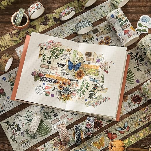 24 Rolls Vintage Washi Tape Set, Floral Letter Butterfly Mushroom Botanical Flower Writable Decorative Tapes for Scrapbooking , Junk Journal supplies, Bullet Journaling 5-75mm Wide 9.84ft long/Roll