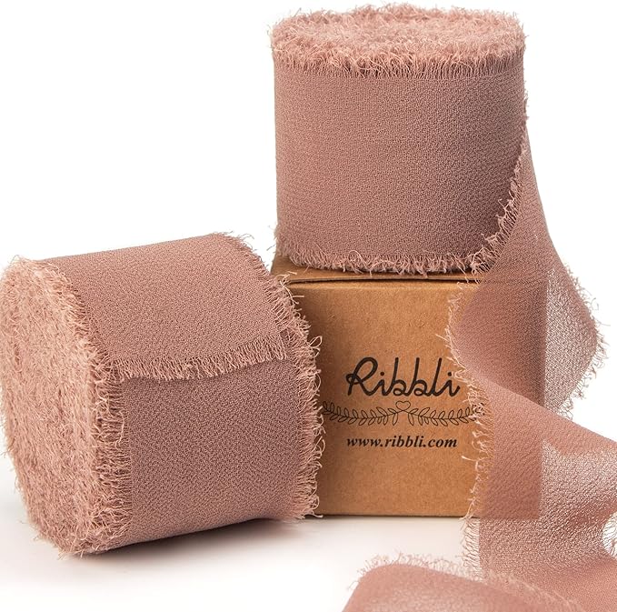 Ribbli Antique Mauve Chiffon Ribbon 1-1/2 inch x 20 Yard Handmade Fringe Chiffon Silk Ribbon,Black Ribbon for Wedding Invitations, Bridal Bouquets Wrapping, Flower Arrangement Decoration