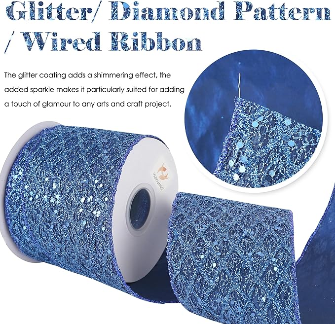 HUIHUANG Navy Blue Wired Christmas Ribbon 4 inch Navy Glitter Wired Ribbon Diamond Mesh Wire Ribbon for X-mas Tree Decorations, Wreaths, Garland, Large Bows Making, Home Decor -10 Yards