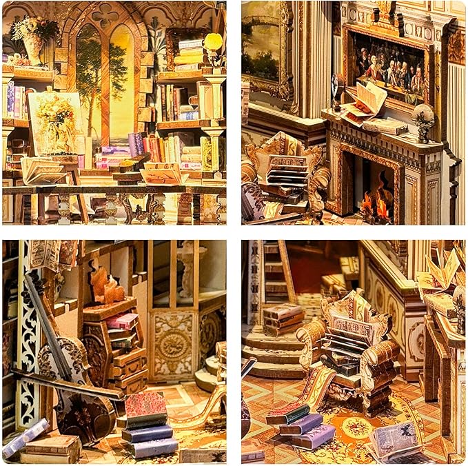 Book Nook Kit, DIY Miniature Dollhouse Kit Book Nook, 3D Wooden Puzzle Bookends for Bookshelf Insert Decor with LED Light for Teens and Adults (Baroque Dreams)