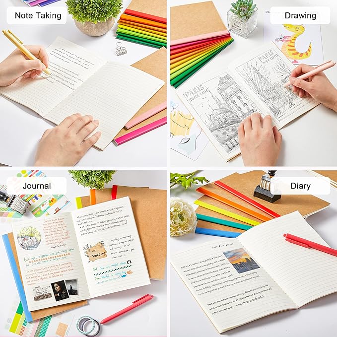 feela 48 Pack Composition Notebooks Bulk, Kraft Cover Lined Blank College Ruled Composition Travel Journals with Rainbow Spines For Women Students Business, 60 Pages, 8.3”x 5.5”, A5, 16 Colors